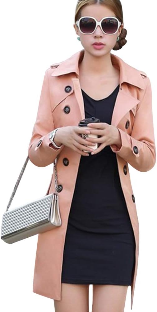 Women Slim Fit Lapel Mid-Length Trench Coat Jacket Double Breasted Outwear with Belt S-5XL Light Pink