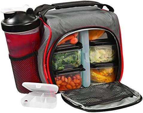 Thermal Insulated Lunch Bag Bento Box - Kit with 6 Leakproof Food Containers + 28oz Drink Bottle with Shaker + Ice Pack + Case for Pills – Compact and Lightweight Cooler for School, Work, Picnic &amp; Gym
