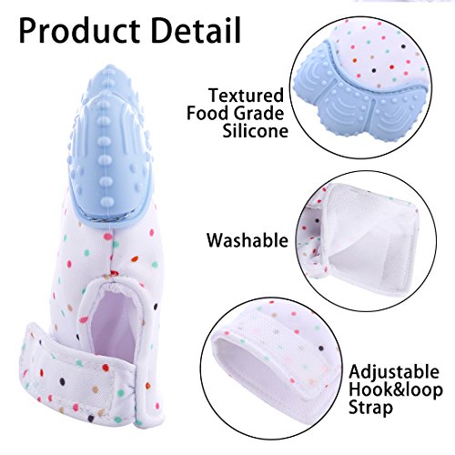 Teething Mitten, Petforu 2pcs Baby Self-soothing Teether Crawling Protective Gloves for Toddlers FDA Approved BPA Free (Blue) - Thumbnail 2