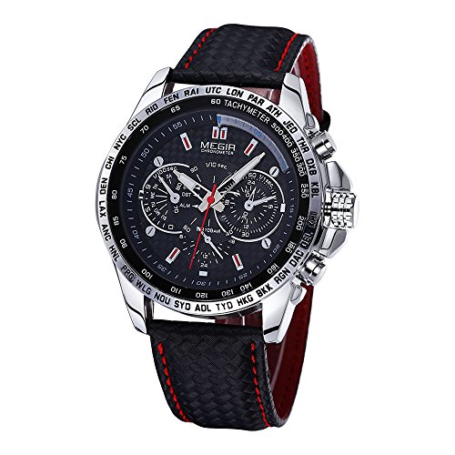 Megir mens quartz analog watch genuine leather strap wi…