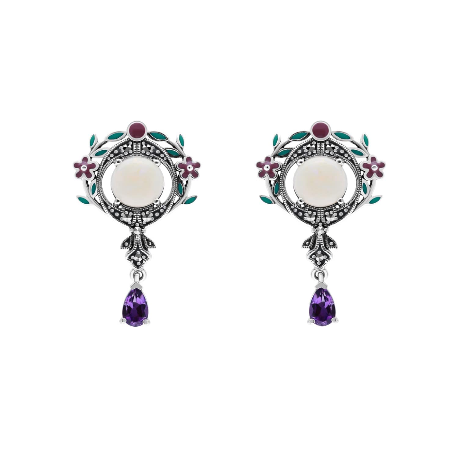 Esse Marcasite Sterling Silver Amethyst Opal & Marcasite Art Nouveau Enamelled Drop Earrings