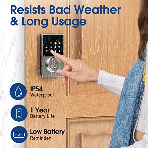 Keyless Entry Door Lock, Smart Lock with Touchscreen Keypad, Secure Deadbolt Lock with 50 User Codes, Easy Installation, Auto Lock, Waterproof Smart Lock for Front Door, Bedroom Door, Home, Apartment