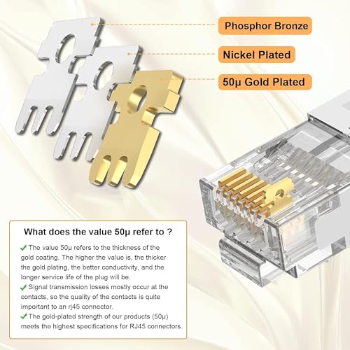 VCELINK CAT6A Connector, RJ45 Connectors Pass Through CAT6A CAT7 Shielded, UL-Listed 3-Prong Gold Plated, CAT7 Connector with Strain Relief Boots (RJ45 Connector-Transparent, Orange, 30-Pack)