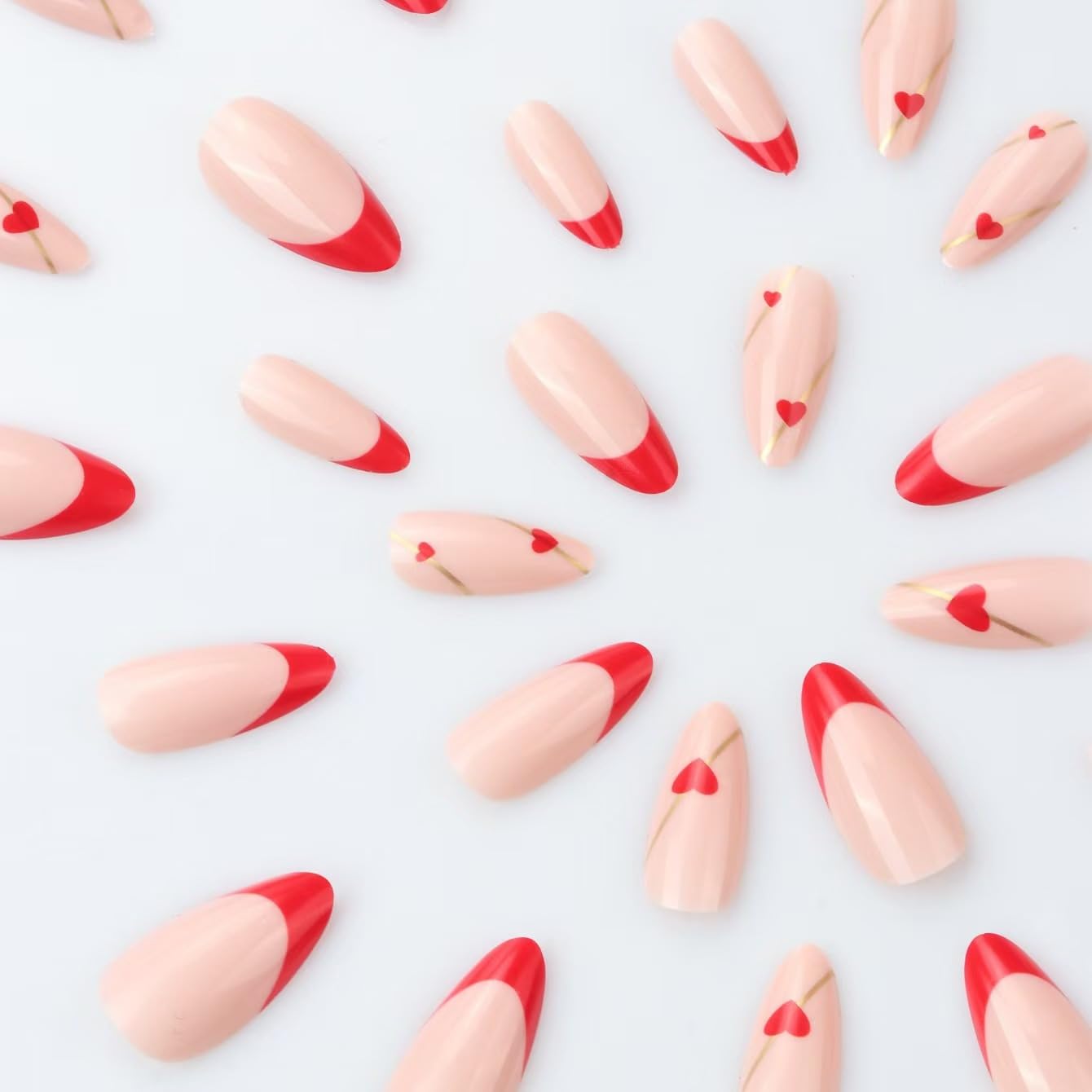 Red French Tip Press on Nails Heart Fake Nails Medium Almond False Nails with Line Design Love Glue on Nails Glossy Acrylic Full Cover Nude Pink Stick on Nails for Women Manicure - Image 2
