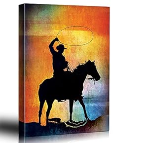 Colorful Background with Cowboy Horse and Lasso Silhoutted...