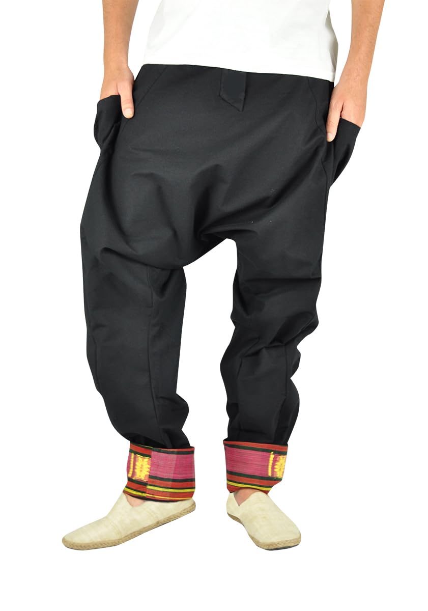 virblatt - Harem Pants Mens | Cotton | Hippie Trousers Genie Pants Aladdin Summer Wide Leg Baggy Parachute Pants Hippy Clothes - Freudentanz S-M Black