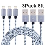 iPhone Cable,Akaho 3Pack 6FT Nylon Braided Cord Lightning Cable Certified to USB Charging Charger for iPhone 7/7 Plus 6/6S Plus 5S/5C/5, iPad Pro/Air 2,iPod Nano 7th gen (Gray White)