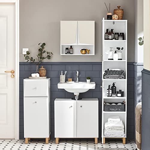 SoBuy Tall Slim Bathroom Storage Cabinet with 2 Doors and 1 Drawer, Long Cabinet Storage Narrow Standing Storage Cupboard for Laundry Room, Kitchen and Corner Spaces, White, BZR91-W