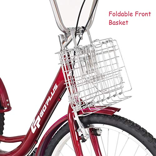 Goplus Adult Tricycle Trike Cruise Bike Three-Wheeled Bicycle w/Large Size Basket for Recreation, Shopping, Exercise Men's Women's Bike (Red, 24" Wheel)
