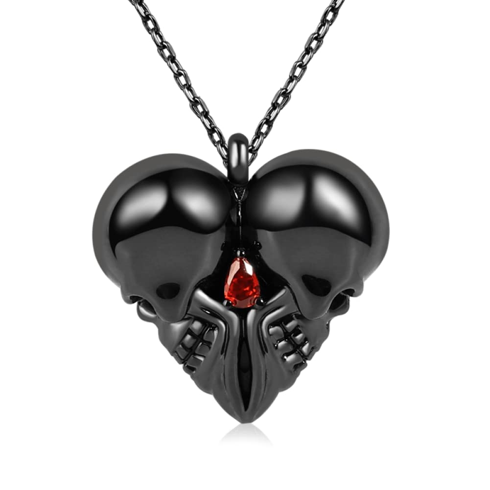 GNOCE Double Skull Necklace 925 Sterling Silver Black Plated Heart Necklace With Red Stone Gift for Women
