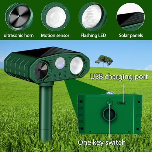Répulsif Chat Ultrason, 3 Modes Repulsif Chat Solaire & Solaire et USB Répulsif Animaux, IP54 Étanche Repulsif Chat Exterieur avec Détecteur et Flash pour Chats Chiens Souris Ratons Animaux de Jardin
