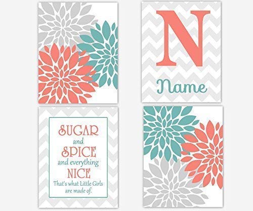Amazon Com Coral Teal Flower Baby Girl Nursery Art Personalize