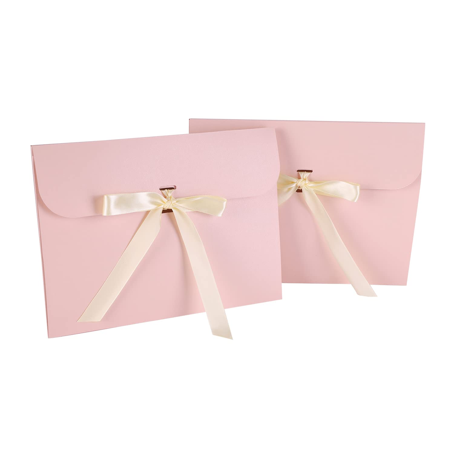 10Pcs Flat Gift Envelopes Voucher Present Box Cardboard with Ribbon Pink Textured Rectangle Gift Boxes for Vouchers Cards Christmas Birthday Wedding Invites Letters Accessories 24×18.5×0.8cm
