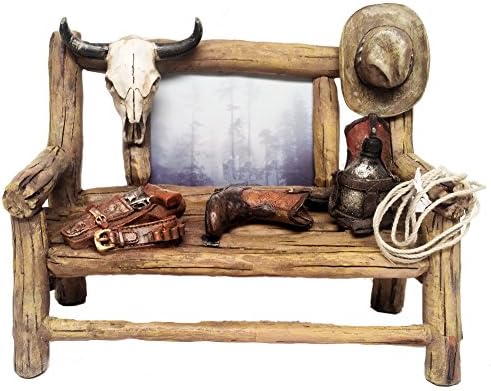 Western Decor Photo Picture Frame Cowboy Bench with Steer Skull