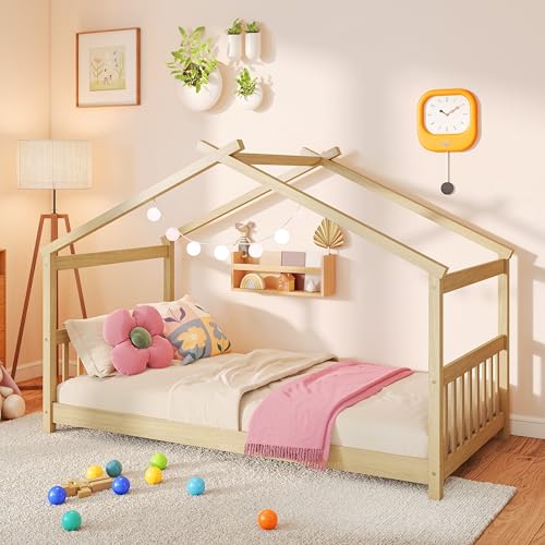 GORELAX Twin Bed Frame, Low Floor Kid House Bed with Roof, Montessori Floor Bed, Headboard & Footboard, No Box Spring Needed, Wood Twin Size Platform Bed Frame for Boys, Girls (Natural, Twin)