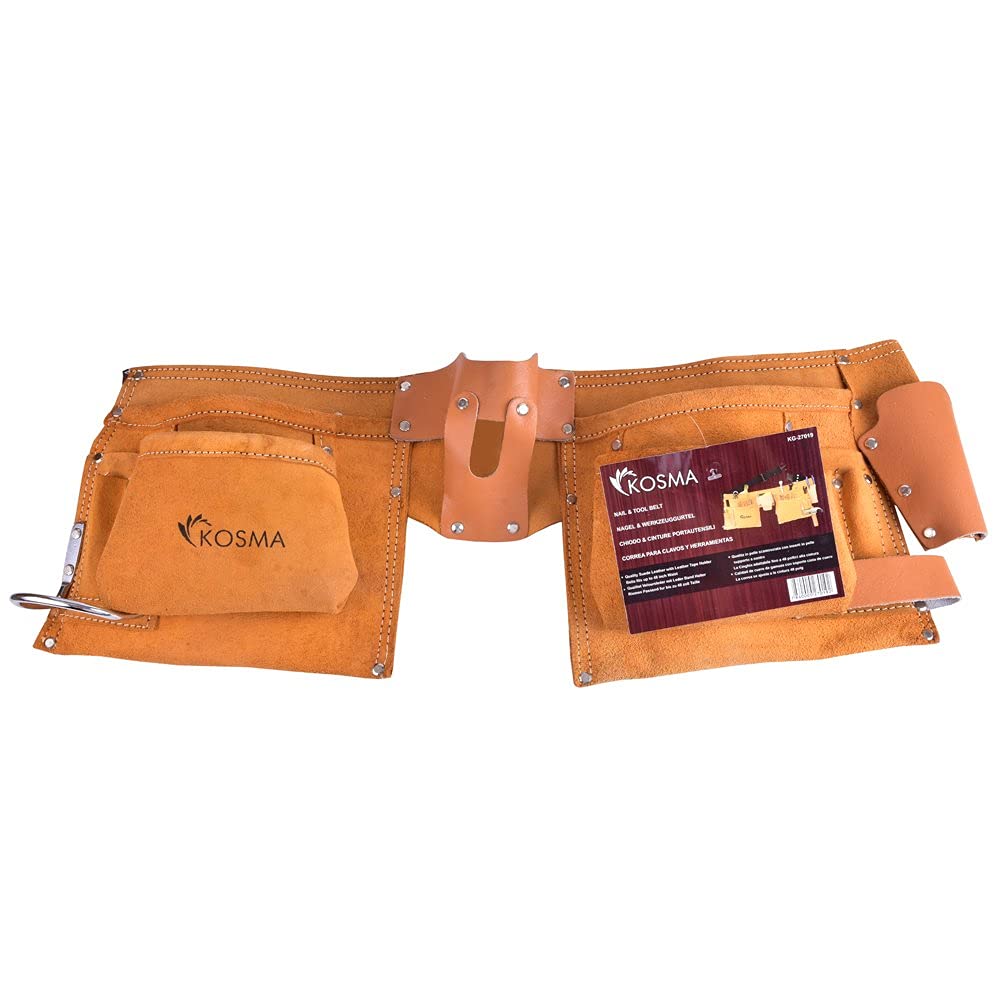 Kosma Multi-Pocket Leather Tool Organiser Belt Apron with 11 Pockets, Hammer Loop & Tape Measure Holder - Electrician Pouch