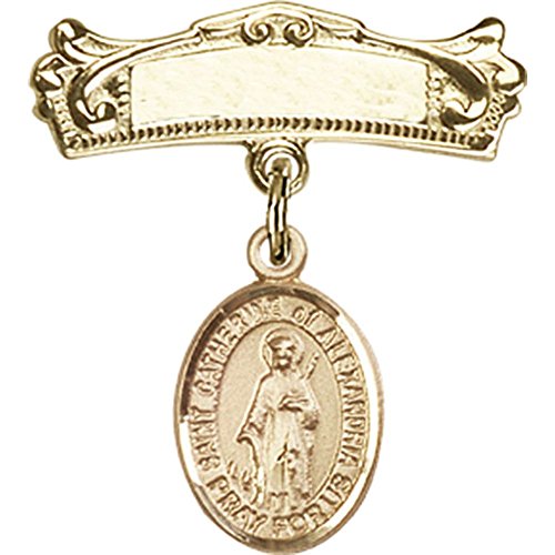 14kt Yellow Gold Baby Badge with St. Catherine of Alexandria Charm and Arched Polished Badge Pin 7/8 X 3/4 inches