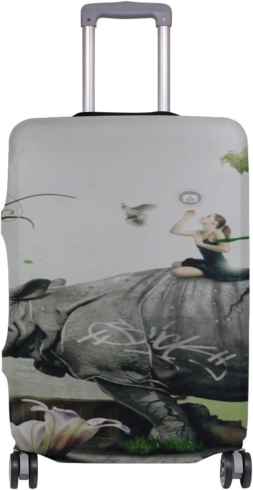 Rhino Girl Nature Birds Situation Forest Pattern Print Travel Luggage Protector Baggage Suitcase Cover Fits 18-21 Inch Luggage