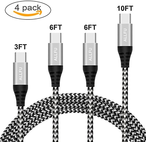 USB Type C Cable, ALLFU USB C Cable 4Pack (1x3ft,2x6ft, 1x10ft) Nylon Braided Fast USB C Charger Cord for Samsung Galaxy Note 8, S8 Plus, LG G6 G5 V20,HTC 10, Xiaomi 5,Nintendo Switch,Black/Silver