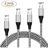 USB Type C Cable, ALLFU USB C Cable 4Pack (1x3ft,2x6ft, 1x10ft) Nylon Braided Fast USB C Charger Cord for Samsung Galaxy Note 8, S8 Plus, LG G6 G5 V20,HTC 10, Xiaomi 5,Nintendo Switch,Black/Silver