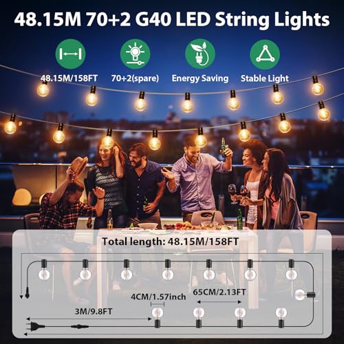 FIFlying Outdoor Fairy Lights, 48.15M/158FT G40 Waterproof Garden Lights with 70+2 LEDs, 2700K Warm White Outdoor Light Chains, Suitable for Patios, Parties, Festivals, Weddings, Gardens