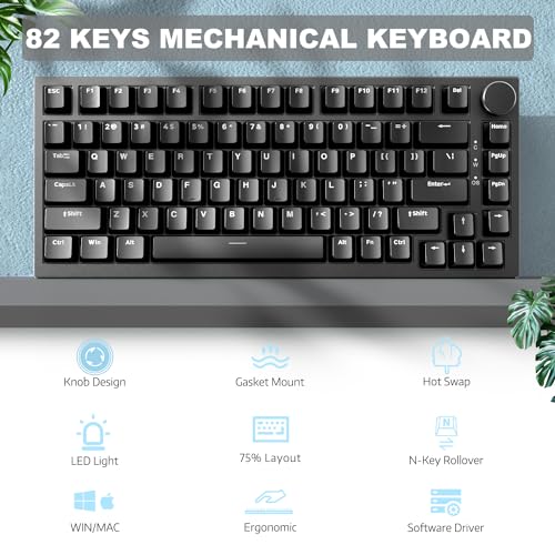 ATTACK SHARK Ajazz AK820 Mechanical Keyboard with with CNC Knob Control,75% Gasket Mount Keyboard and Detachable USB Wired Gaming Keyboard for Wind/Mac,White Light,NKRO,Blue Clicky Switch(Black)