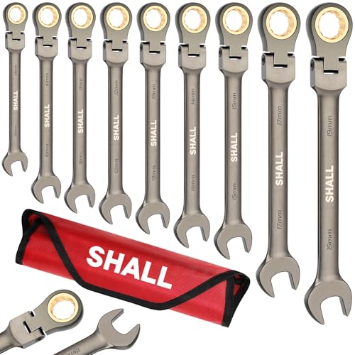 Shall 9-Piece Flex Head Ratcheting Wrench Set, 72 Metric Teeth 8-19mm, Cr-V Built, Nickel Plated with Organization Bag