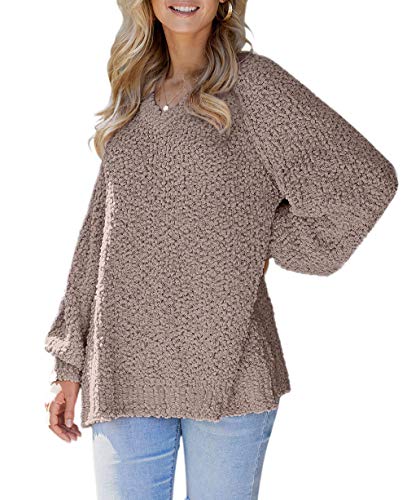 KIRUNDO Women's Winter Fuzzy Popcorn Sweater V Neck Long Sleeves Loose Fit Sweatshirt Solid Tops Pullover (Small, Khaki)