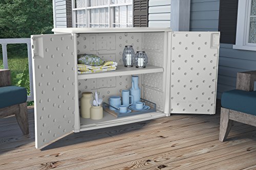 Suncast Elements Outdoor Wide Cabinet 40 Wide Resin Constructed Patio Furniture Ideal For Decks And Balconies Contemporary Wicker Design For Outdoor Storage With 97 Gallon Capacity Brown The Gardening Toolshed