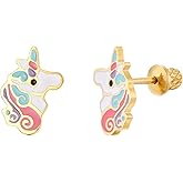 Regetta Jewelry 18K Gold Plated Unicorn Stud Earrings for Girls, Toddler, Hypoallergenic, Stainless Steel, Screw On Safety Backs