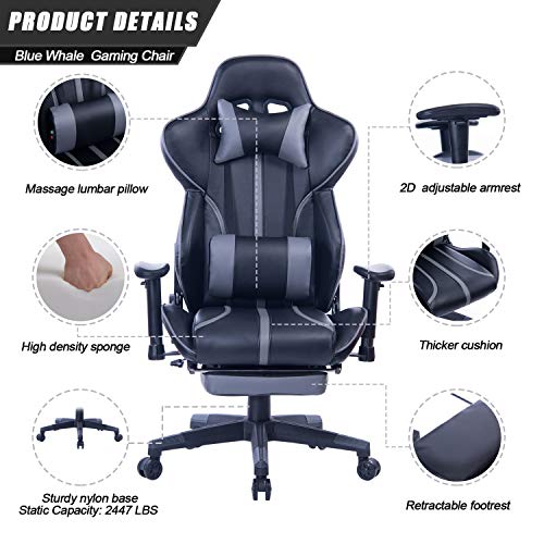 Blue Whale Gaming Chair with Adjustable Massage Lumbar Pillow,Retractable Footrest and Headrest -Racing Ergonomic High-Back PU Leather Office Computer Executive Desk Chair 8239Grey