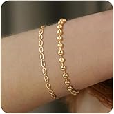 TONTMY STUDIOS Bracelet for Women Gold Layered Set 14K Gold Filled Stackable Bracelets Trendy Figaro Satellite Chain Cuban Link Minimalist Dainty Bracelet Tennis Bracelet Jewelry