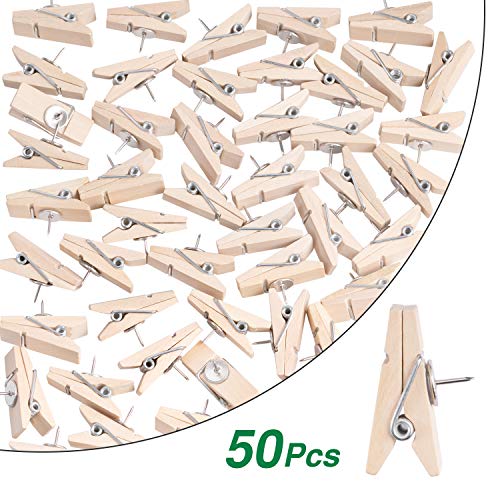 Favide Push Pin Clips, 50 Paper Wooden Clips with Pins for Cork Boards, Bulletin Boards and Cubicle Walls, Pinning No Holes for Paper, Creative Paper Clips with Craft Projects for Offices School