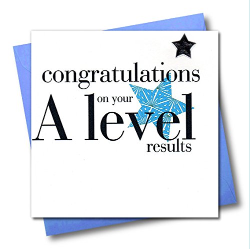 Claire Giles Greeting Cards, A Level Results Card, Blue design Exam Congratulations Card, Embellished with a padded star