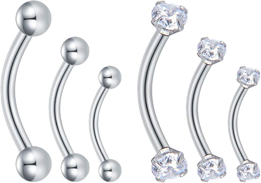 Longita 6PCS Curved Barbell Jewellery Eyebrow Bars Rook Helix Earrings 16G Clear Cubic Zirconia Stainless Steel Septum Lip Piercing Mens Womens 6mm 8mm 10mm