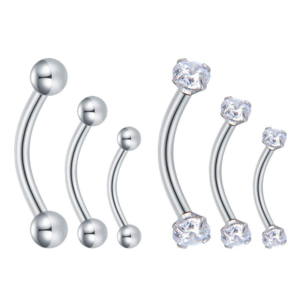 Longita 6PCS Curved Barbell Jewellery Eyebrow Bars Rook Helix Earrings 16G Clear Cubic Zirconia Stainless Steel Septum Lip Piercing Mens Womens 6mm 8mm 10mm