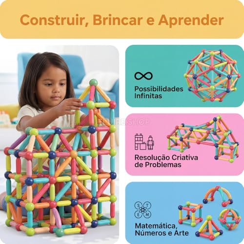 Bloco Magnetico Infantil de Montar, Brinquedo Educativo Infantil Bastões e Bolas, Kit de Construção 2D e 3D, Desenvolvimento STEM para Criatividade, Coordenação Motora e Raciocínio Lógico (103)