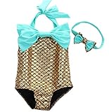 PGXT Girl's One Piece Mermaid Swimwear Swimsuit Bathing Suit+Headband Gold 120CM
