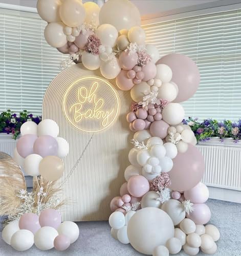 Dusty Pink Sand White Ballloons Arch Kit, 144pcs Light Retro Pink Beige White Cream Boho Balloons for Birthday Wedding Bride Shower Party Decorations