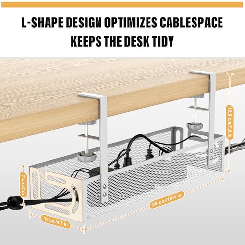 Under Desk Cable Management Tray No Drill, Metal Mesh Cable Tray with Clamp for Desk Wire Management, Desk Cable Management Box and Cord Organizer for Office, Home (White)