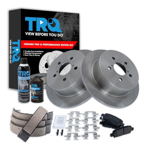 TRQ Rear Brake Pad & Rotor Kit, with Chemical Kit Parking Brake Shoe Set Cerami…
