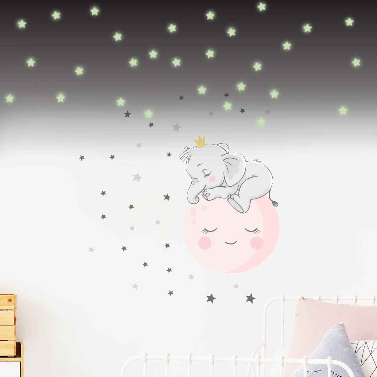 Children's Wall Stickers - Baby Room Decoration - Children's Wall Sticker - Baby Elephant on The Moon and 30 Stars (80 x 60 cm) + 100 Glow in The Dark Stars Stickers