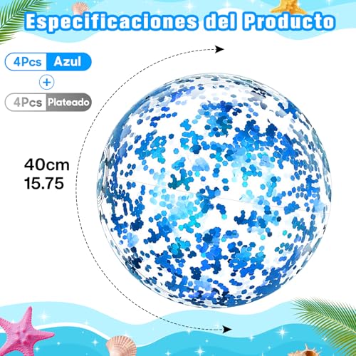 7CDXD 8 Pelota Inflable de Playa, 40 cm/16 Pulgadas Pelotas de Playa con Lentejuelas, con Bomba de Aire Gratis para Piscina, Fiesta