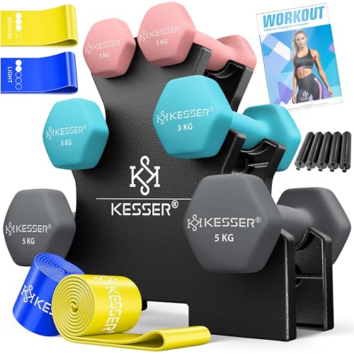 KESSER® Hantel-Set, 3 Paar, 1kg - 5kg, 12kg oder 18kg kurzhanteln mit Ständer Aufbewahrung, Fitnessstudio, Krafttraining, Hantelset rutschfeste Neopren,