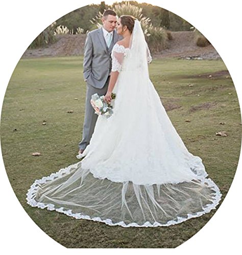 anmor Women's 1T Long Wedding Veils Lace Applique Edge 3M Tulle Bridal Veil with Comb Ivory - Thumbnail 3