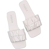 GORGLITTER Women's Ruched Flat Sandals Square Open Toe Summer Trendy Wedding Slides White 9.5