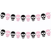 SaktopDeco 2 Pack Black Pink Skull Garland Banner Felt Skeleton Garland Halloween Banner for DIY Gothic Decorations Halloween Home Decor