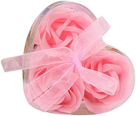 KXN 3PC Rose Flower Bath Scented Soap,Gift Wrapped in Heart Box,Best for Wedding Decoration Gift (Pink)