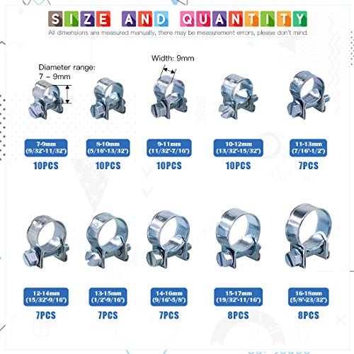 Glarks 84Pcs 10 Size Mini Fuel Injection Style Hose Clamp Assortment