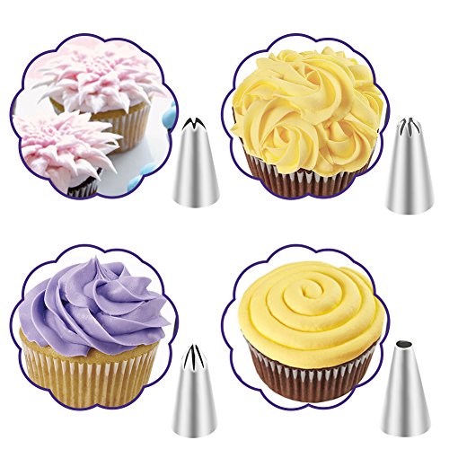 Cake Decorating Supplies Set- 42 Pieces Professional Stainless Steel Icing Tips, 3 Reusable Coupler, 2 Reusable Silicone Bag 10 Disposable Icing Bags And 1 Cleaning Brush 74 Pcs Baking Tools Kit